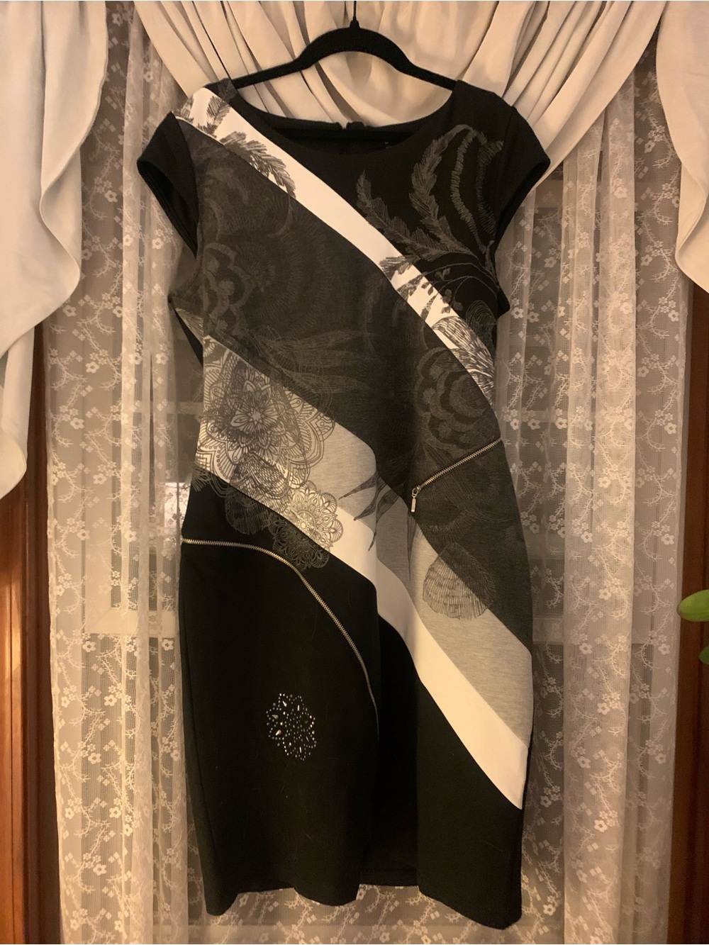 Desigual Black and White Diagonal Graphic Midi Dress